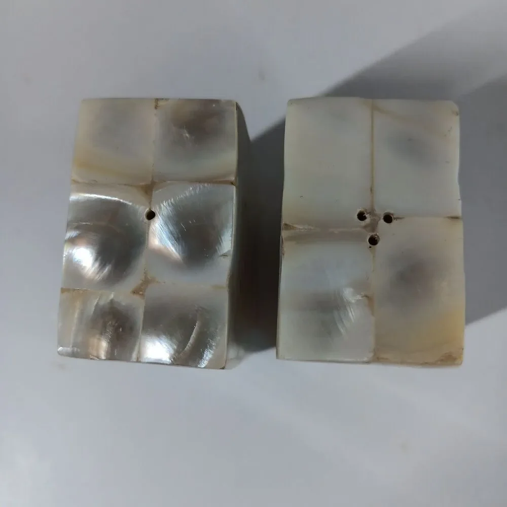 Vtg Mother Of Pearl Salt And Pepper Shakers Mosaic Block Iridescent Beach Decor